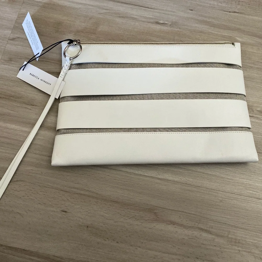 Rebecca Minkoff Cream & Gold Striped Wristlet Clutch